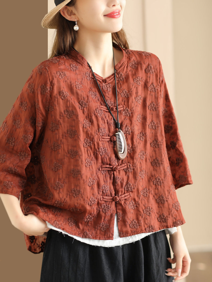 Women Ethnic Flower Jacquard Button-up Ramie Blouse SC1023 Ada Fashion