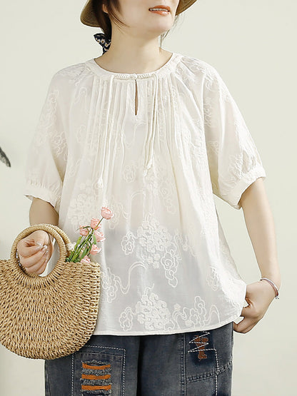 Women Summer Vintage Shirred Embroidery Cotton Shirt HH044 QJH