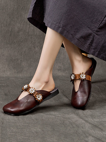 Women Summer Solid Flower Leather Slippers SC1011 Ada Fashion