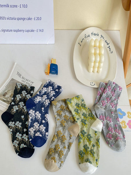 5 Pairs Women Autumn Floral Jacquard Colorblock Socks AV1025 Genistyle Shop