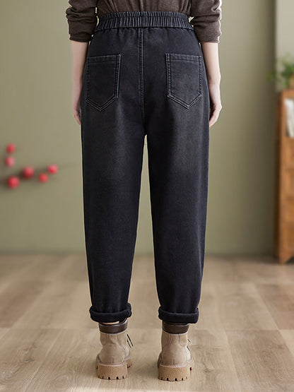 Women Autumn Vintage Solid Fleece-lined Harem Pants QN025 BK