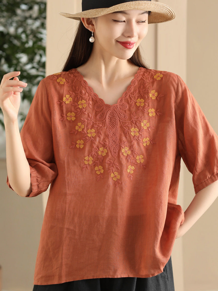Women Summer Artsy Flower Embroidery Ramie V-Neck Shirt CC030 LPP