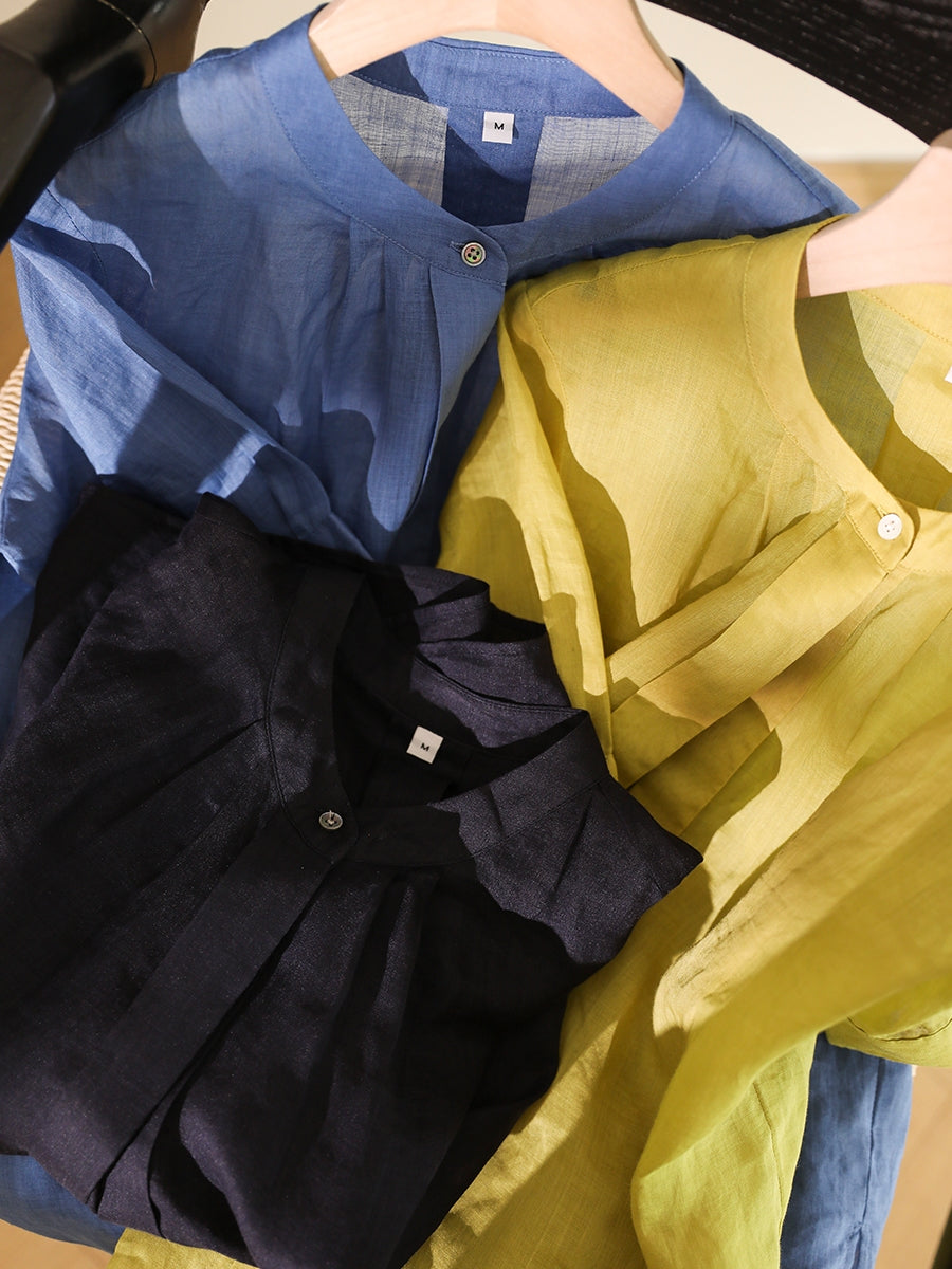 Women Summer Artsy Solid V-Neck Ramie Shirt CC051 XE