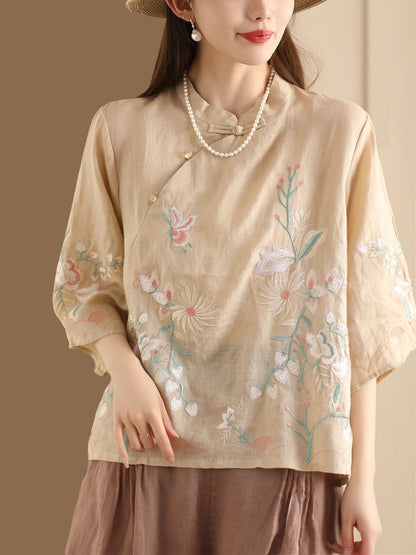 Women Vintage Floral Embroidery Ramie Stand Collar Shirt WE1038 Ada Fashion