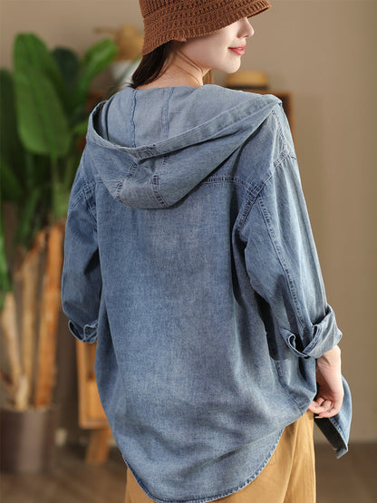 Women Casual Solid Autumn Pocket Denim Hooded Coat AT1026 ZMMM