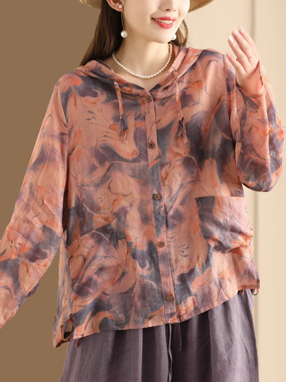 Women Spring Artsy Flower Button-Up Hooded Shirt CO1004 Ada Fashion