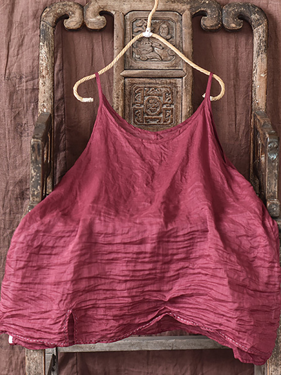 Women Casual Solid Split Hem Stitching Loose Ramie Vest LL023 QYMM