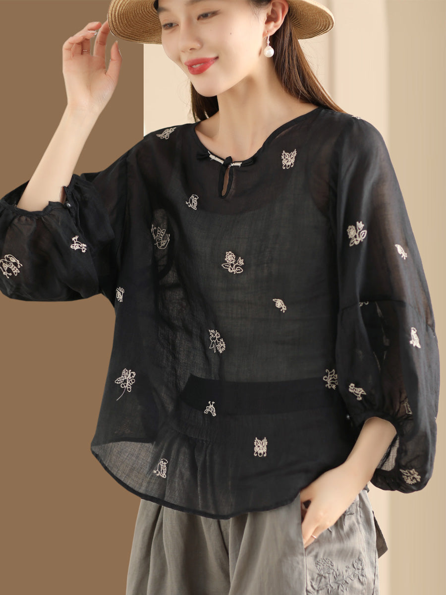 Women Summer Vintage Flower Embroidery Ramie Shirt AA1042 Ada Fashion