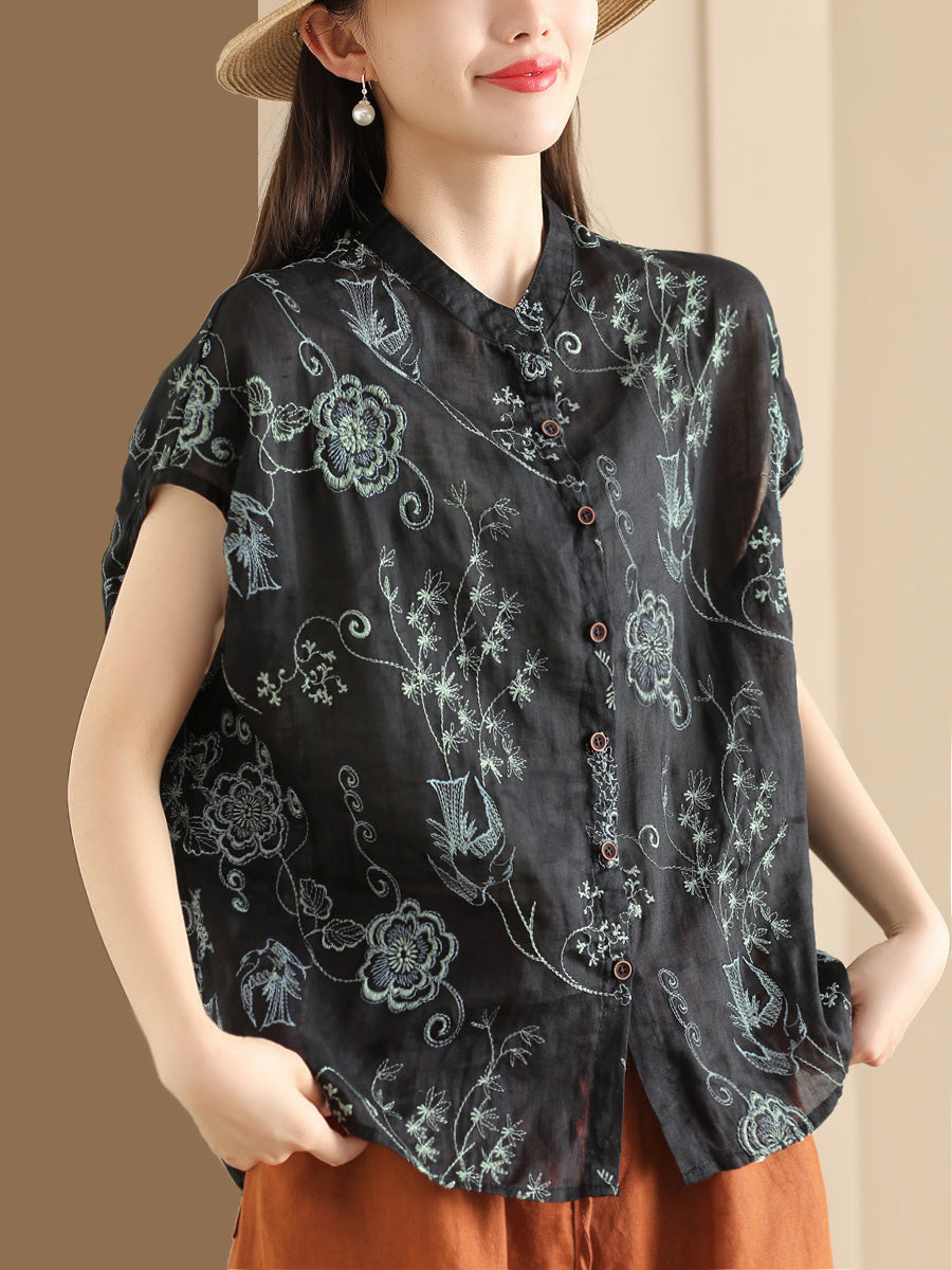 Women Summer Vintage Flower Embroidery Button Ramie Shirt OO1048 ZMMM