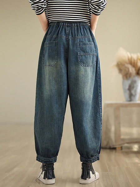 Women Casual Pockets Washed Denim Harem Pants AT1003 ZMFS
