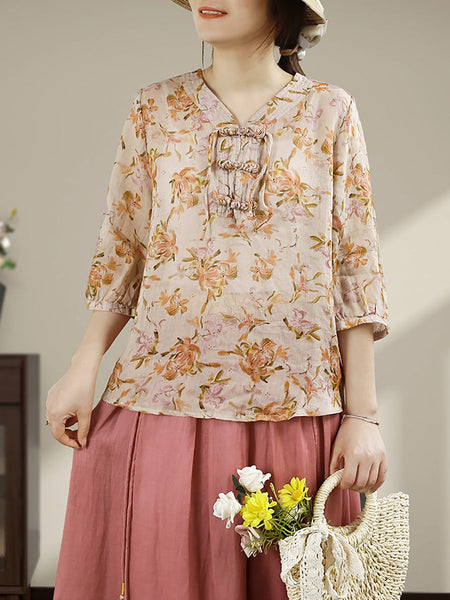 Women Summer Vintage Flower Buckle V-Neck Ramie Shirt HH014 BUYKUD