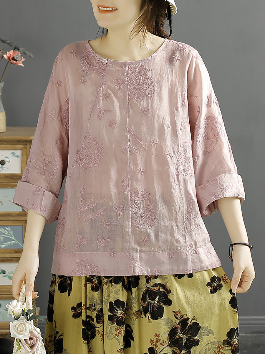 Women Vintage Embroidery Solid Ramie Shirt AA1012 Ada Fashion