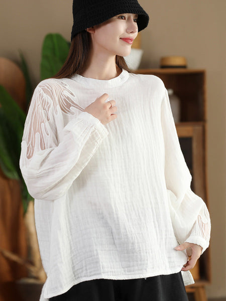 Women Autumn Artsy Embroidery Stand Collar Cotton Blouse AI1076 ZMMM