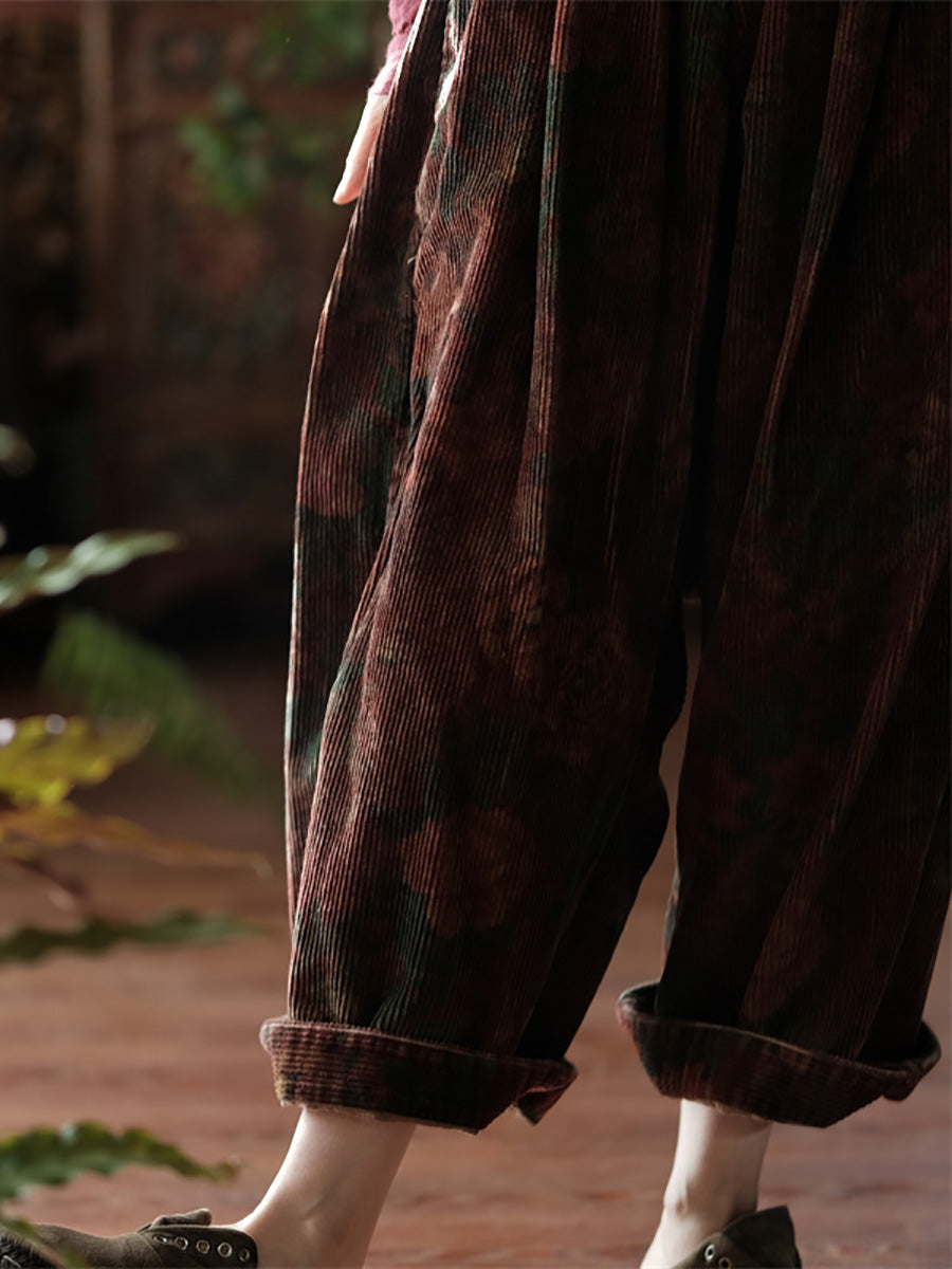 Women Vintage Spring Flower Croduroy Wide-leg Pants AT1079 BUYKUD