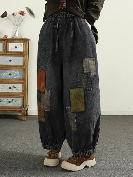 Women Autumn Patch Spliced Denim Harem Pants AI1053 BUYKUD