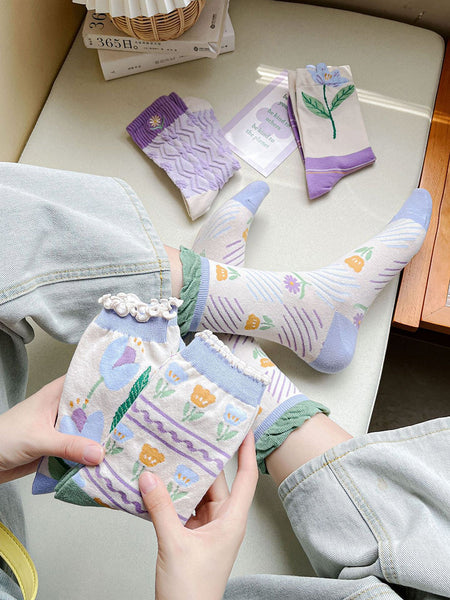 5 Pairs Women Artsy Flower Cotton Socks IO1012 Ada Fashion