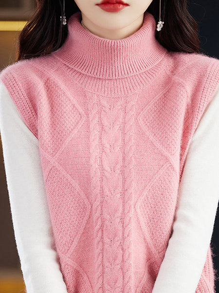 Women Casual Wool Turtleneck Twist Knit Vest AV1033 Genistyle Shop