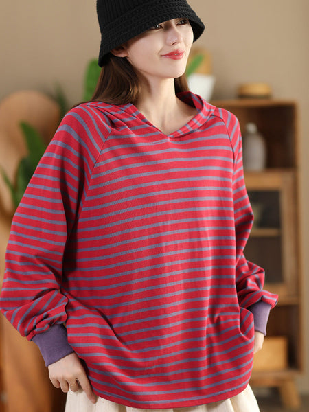 Women Casual Autumn Stripe Colorblock Hooded Sweatshirt AI1025 ZMMM