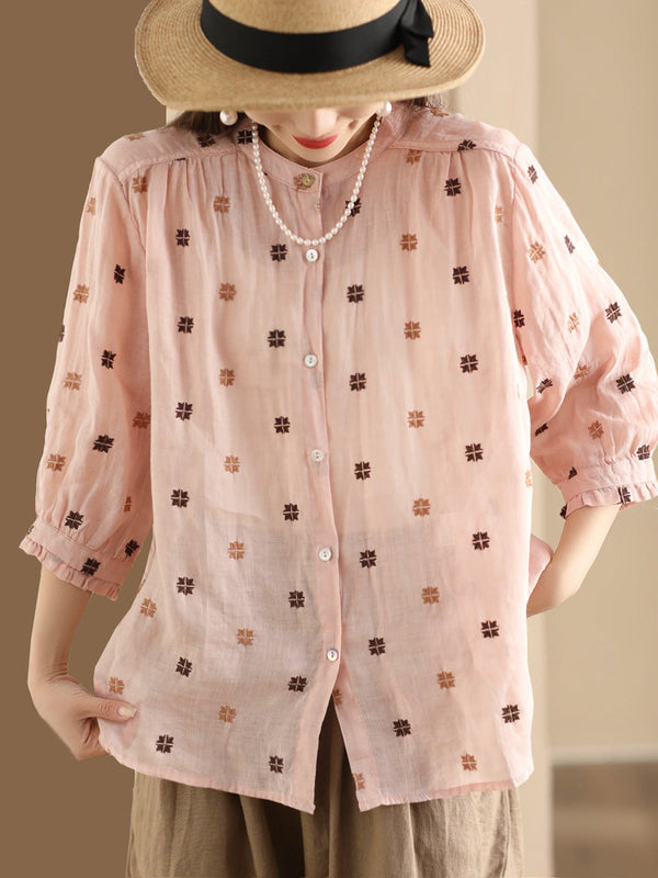 Women Spring Floral Embroidery Linen Button-Up Shirt CO1010 Ada Fashion