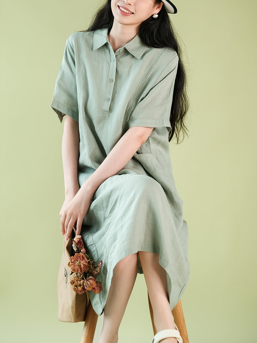 Women Summer Casual Solid Polo Collar 100%Ramie Dress CX056 ZMMM