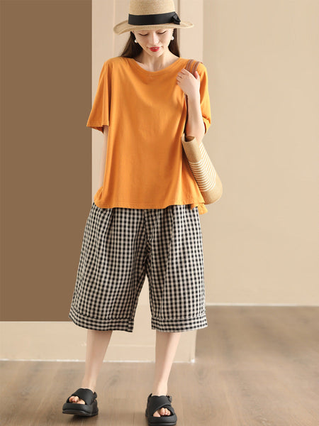 Women Summer Casual Plaid Linen Wide-leg Pants PP1028 BUYKUD
