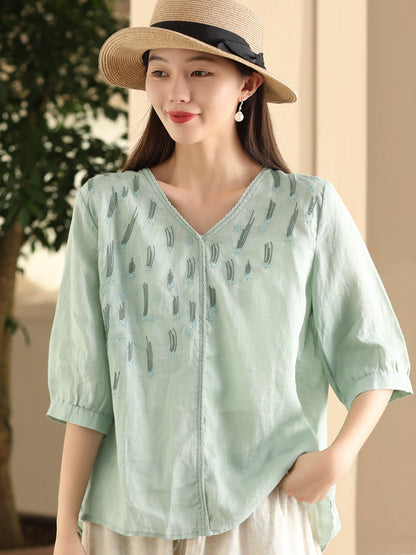 Women Summer Artsy Embroidery V-Neck Ramie Shirt FD005 ZMMM