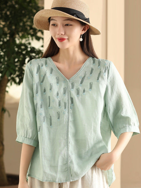 Women Summer Artsy Embroidery V-Neck Ramie Shirt FD005 ZMMM