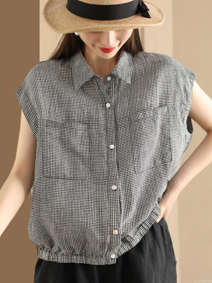 Women Summer Casual Plaid Button-up Linen Shirt HH013 BUYKUD