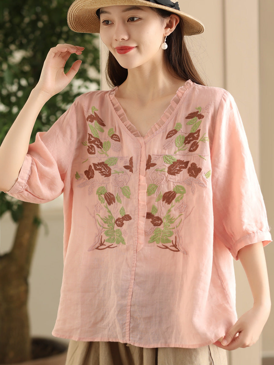 Women Summer Vintage Flower Embroidery Lace Ramie Shirt FD044 CTJY