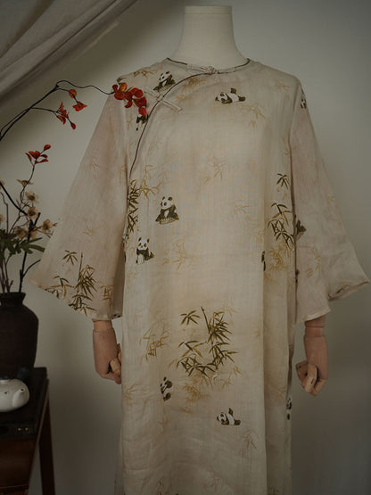 Women Ethnic Summer Bamboo Panda Print Linen Dress XX1055 Ada Fashion