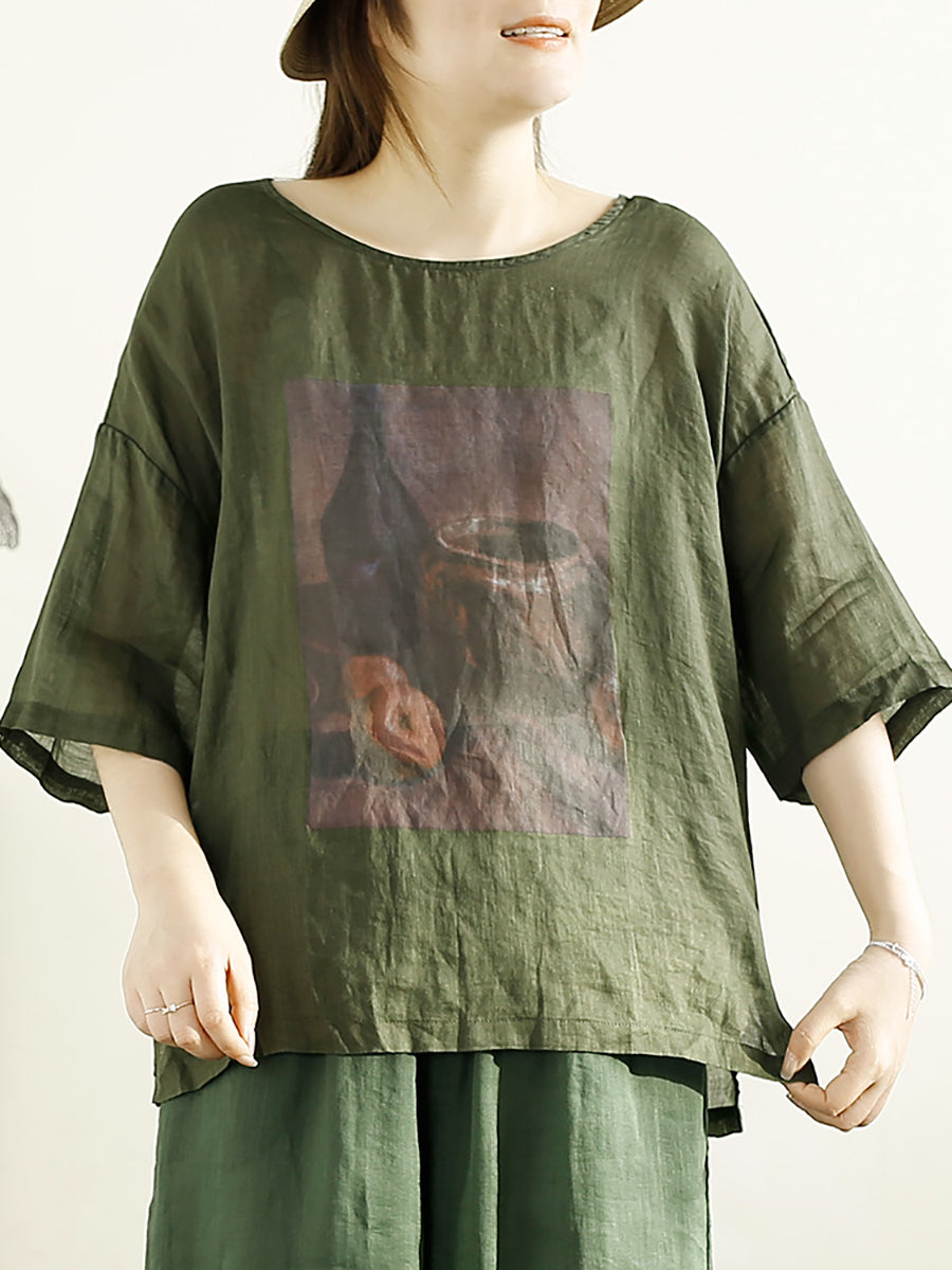 Women Summer Casual Print Loose Ramie Shirt OP1043 OSZF