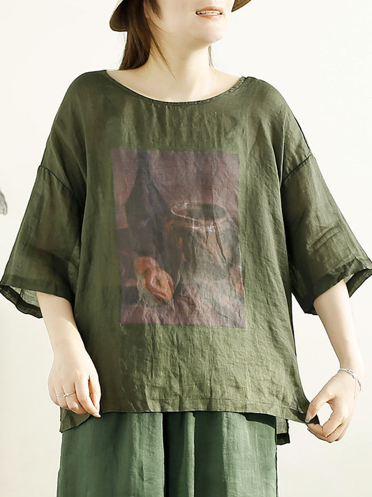 Women Summer Casual Print Loose Ramie Shirt OP1043 OSZF