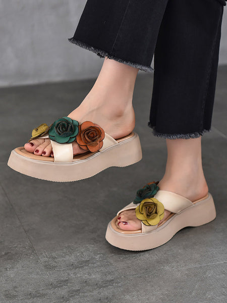 Women Summer Platform Spliced Flower Leather Slippers FashionChic