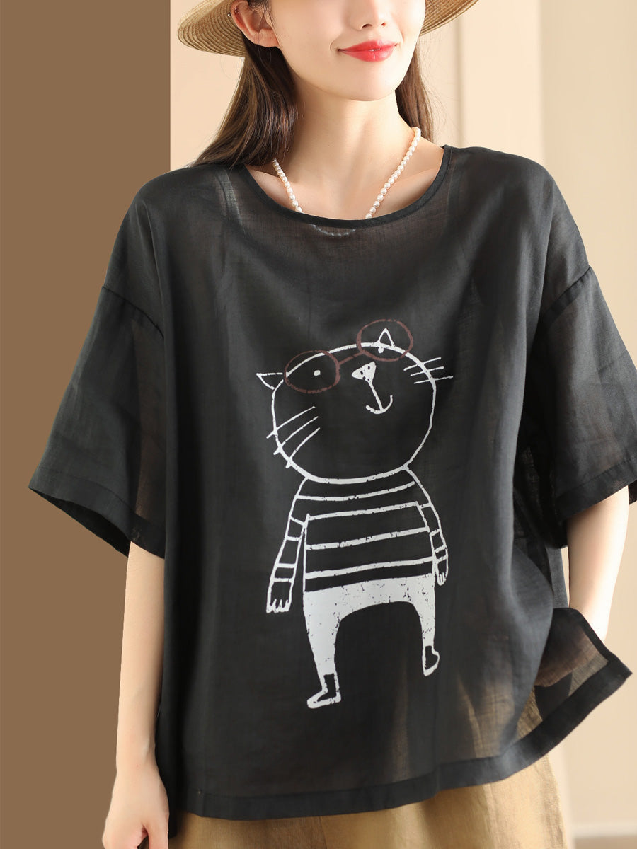 Women Summer Cartoon Cat Print Ramie Pullover Shirt OO1034 BUYKUD