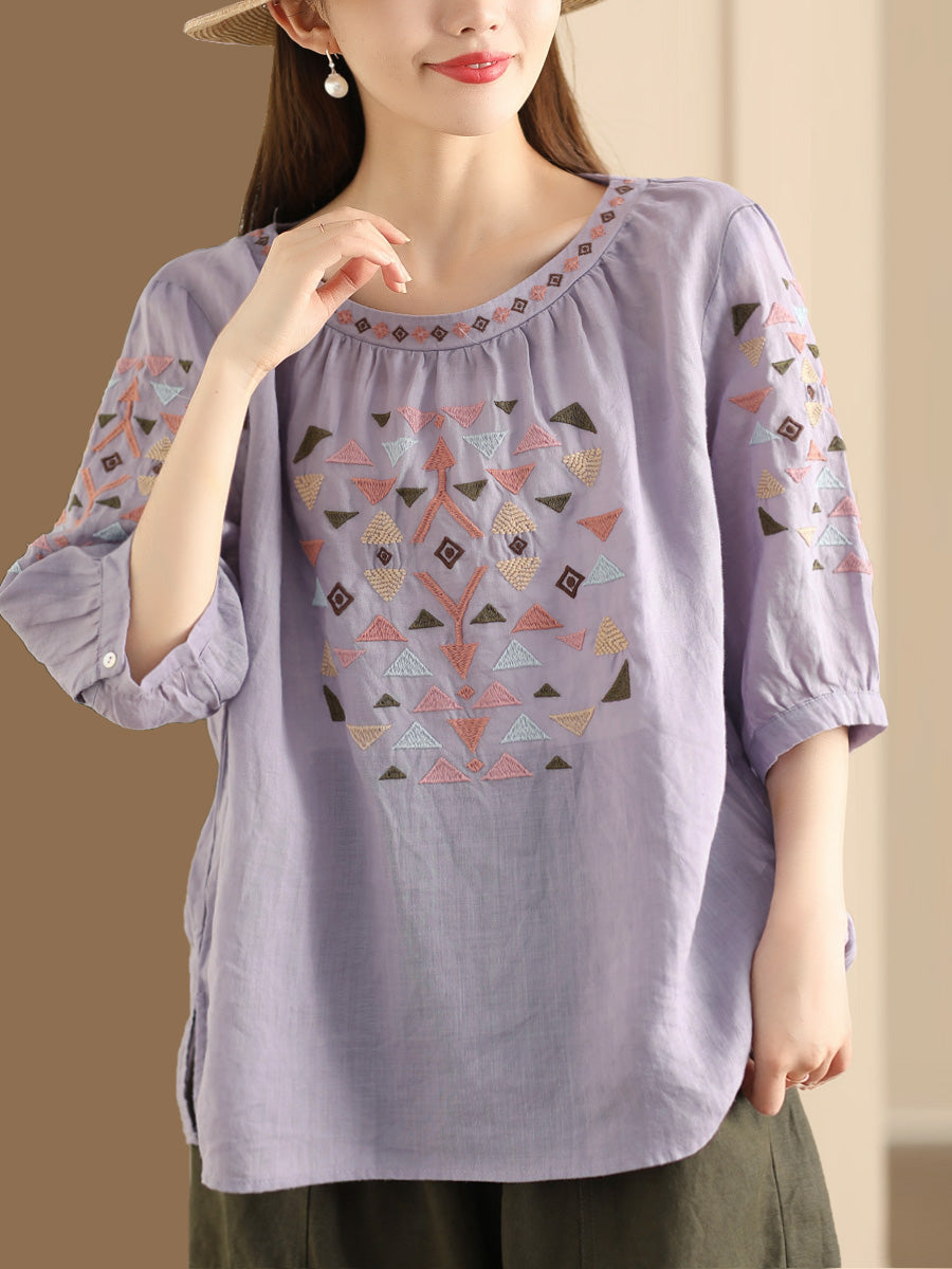 Women Summer Vintage Embroidery O-Neck Ramie Shirt OP1042 BUYKUD