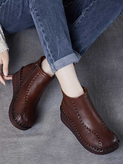 Women Retro Soft Leather Spliced Fleece-lined Mid-Heel Boots AH1081 YYDS