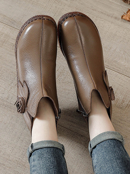 Women Vintage Genuine Leather Flower Flat Ankle Boots QN013 BC