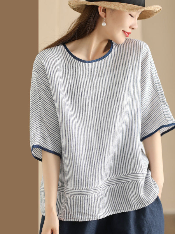 Women Summer Vintage Stripe Spliced Linen Shirt CV1052 Ada Fashion