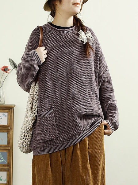 Women Casual Autumn O-Neck Solid Knit Sweater AT1025 BUYKUD