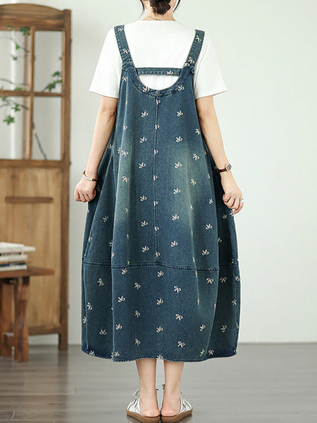 Dress Overall Denim Bowknot Women Summer Embroidery FashionChic
