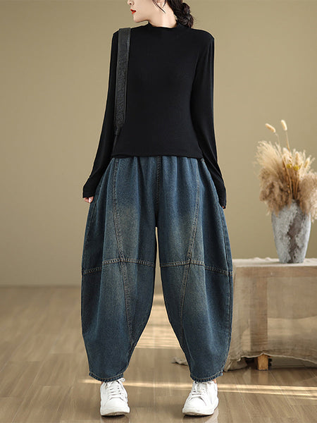 Women Autumn Vintage Denim Spliced Harem Pants QU027 ZMFS
