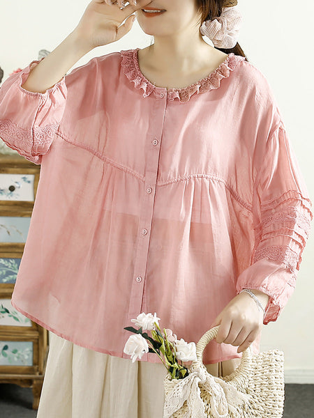 Women Artsy Solid Lacework Button-up Ramie Shirt HH043 MZS