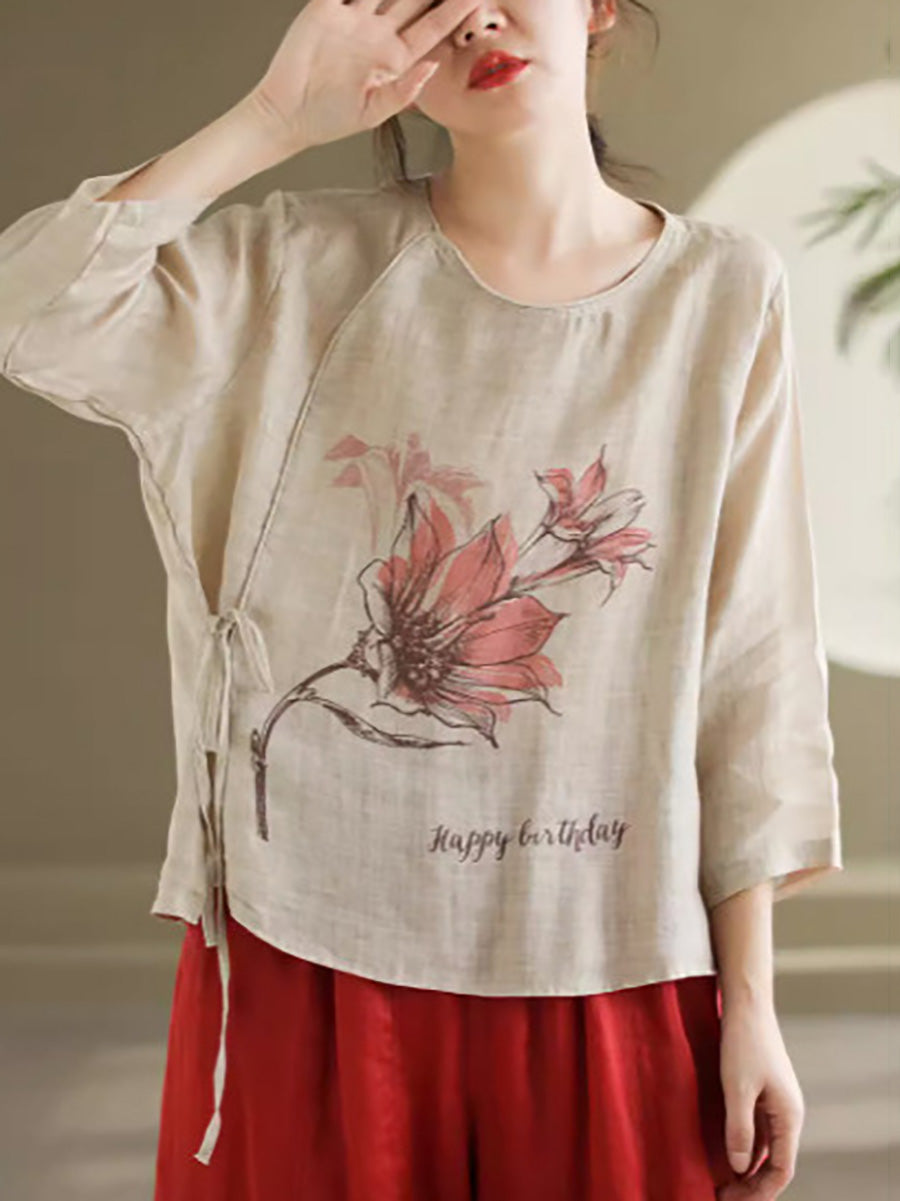 Women Spring Flower Vintage Strap Ramie Blouse KL1039 Ada Fashion