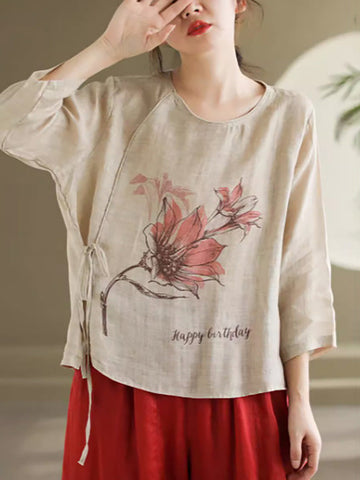 Women Spring Flower Vintage Strap Ramie Blouse KL1039 Ada Fashion