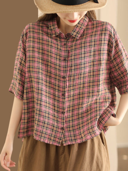 Women Artsy Plaid Summer Button-up Linen Shirt KL1012 Ada Fashion