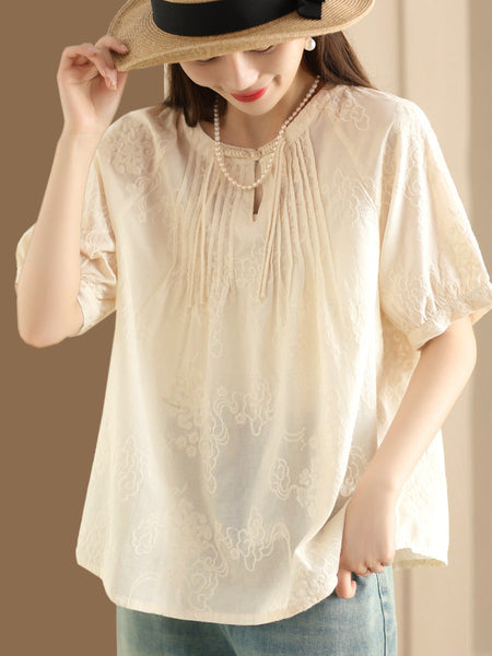 Women Artsy Solid Jacquard Shirred Cotton Loose Shirt XX1018 Ada Fashion