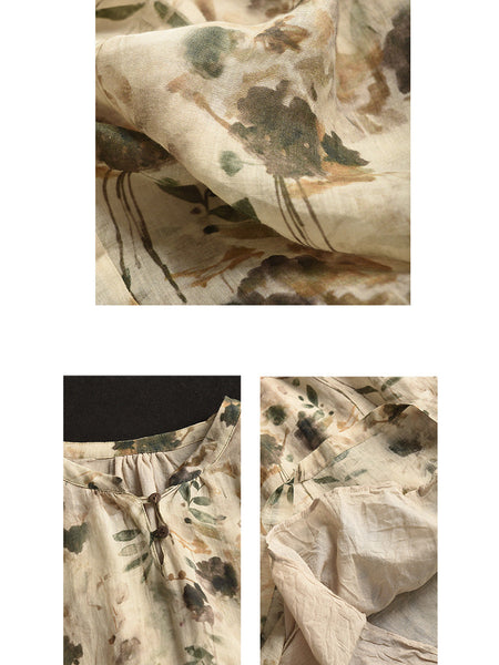 Women Summer Artsy Floral V-Neck Loose Ramie Dress LL020 ZMMM