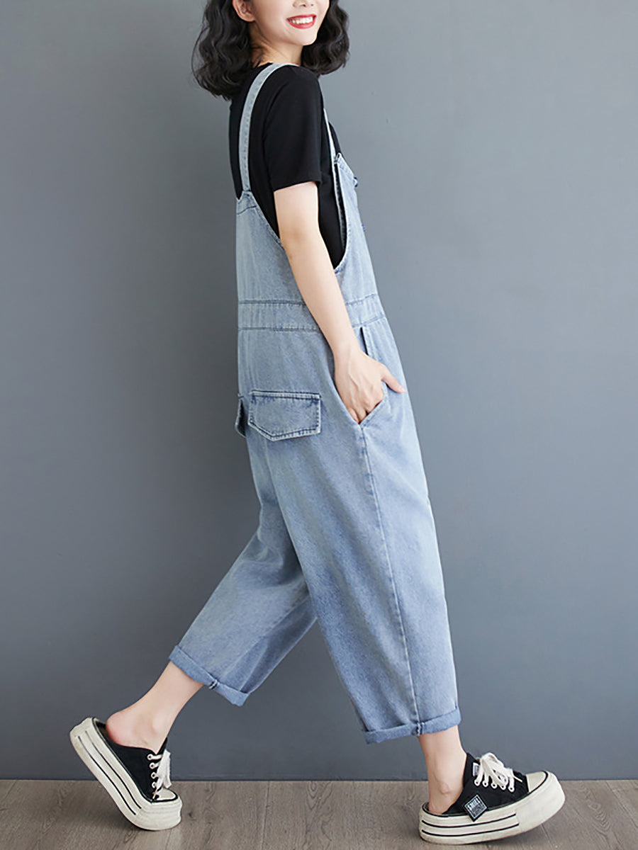 Women Summer Casual Solid Denim Shirred Jumpsuits AT1032 ZMFS