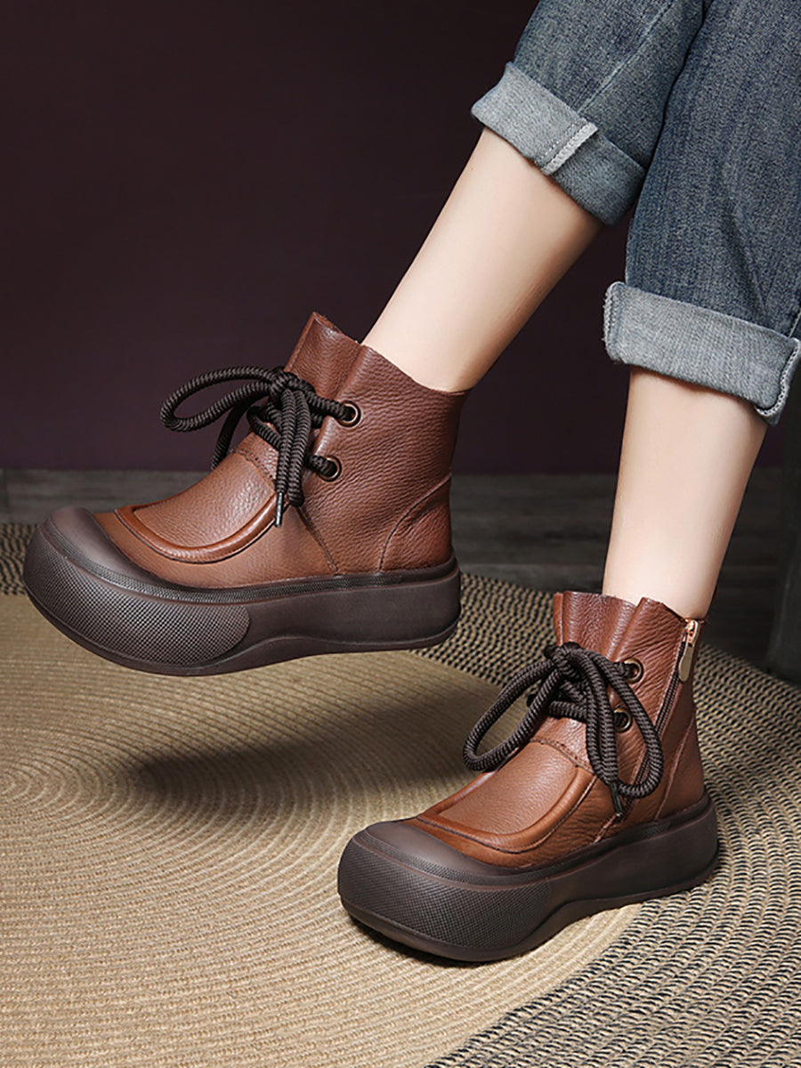 Women Casual Winter Solid Leather Strap Platform Boots WG009 BUYKUD