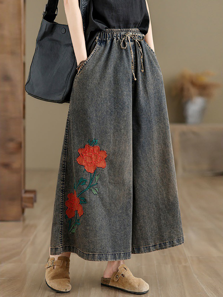 Women Summer Vintage Flower Denim Wide-leg Pants OP1010 BUYKUD